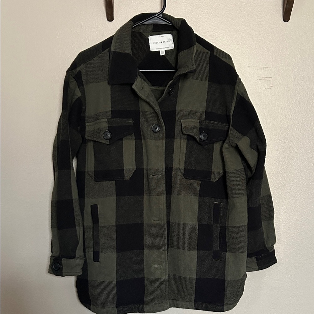 Lucky Brand Shacket Plaid Green and Black Size Large Grunge